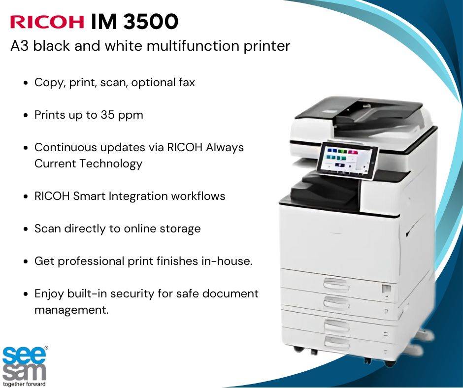 SeeSamSolution's tweet image. Powerful, reliable, and built for speed ⚡️ – the IM 3500 RICOH offers high-quality printing, scanning, and copying for busy offices. Keep your workflow running smoothly.

#SeeSamSolutions #IM3500