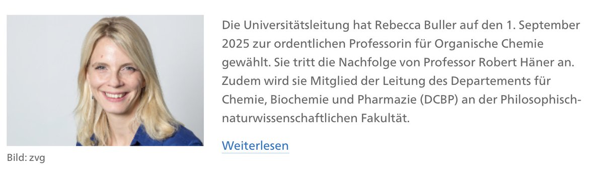 Rebecca Buller (@rebeccambuller) on Twitter photo Exciting new chapter ahead: Thrilled to join <a href="/unibern/">Universität Bern</a> <a href="/DCBPunibern/">DCBPunibern</a> as Full Prof of Organic Chemistry in Sept! 🎉 Huge thanks to my amazing team, colleagues & mentors for an incredible #biocatalysis journey. Looking forward to new enzyme adventures🚀!
👉mediarelations.unibe.ch/personalia/202… Exciting new chapter ahead: Thrilled to join <a href="/unibern/">Universität Bern</a> <a href="/DCBPunibern/">DCBPunibern</a> as Full Prof of Organic Chemistry in Sept! 🎉 Huge thanks to my amazing team, colleagues & mentors for an incredible #biocatalysis journey. Looking forward to new enzyme adventures🚀!
👉mediarelations.unibe.ch/personalia/202…
