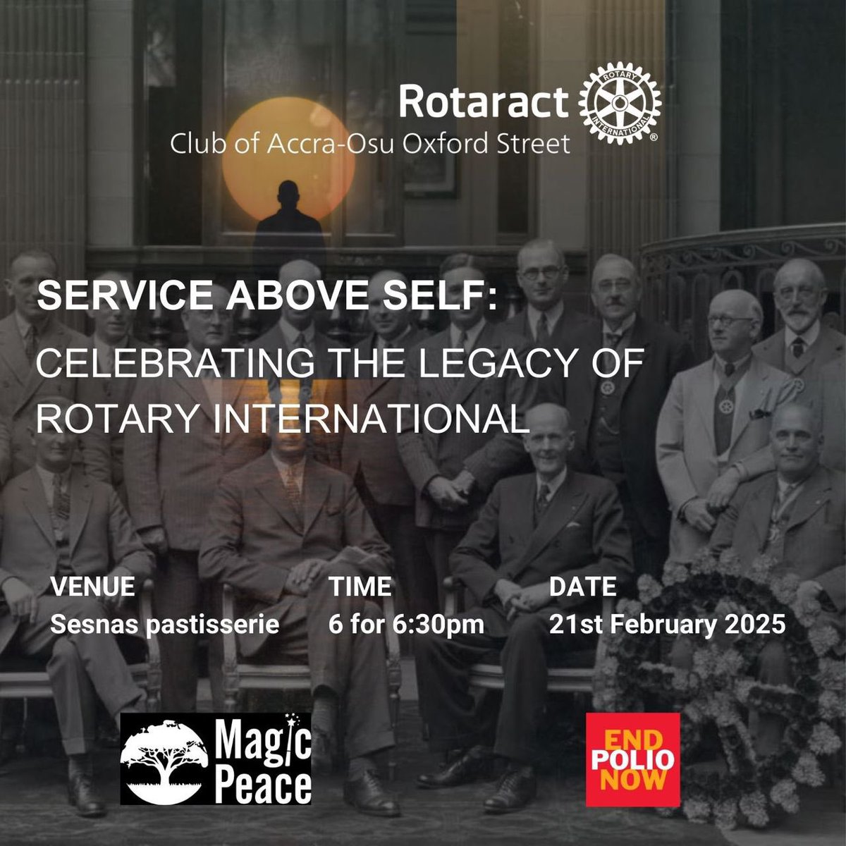 The Rotaract Club of Accra-Osu Oxford Street is inviting you to meet this Friday at Sesna’s as we commerate 120 years of Rotary Service 🎉👏🏽👏🏽

Join us in highlighting Rotary’s enduring commitment💪🏽 to Service Above Self, and the profound global impact.

#Fellowship!...🤗