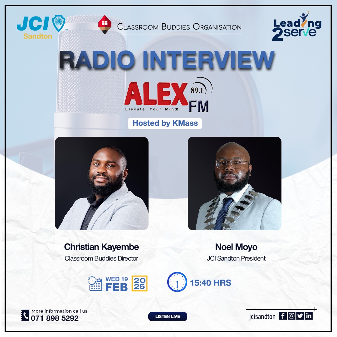 JCISandton_'s tweet photo. 2025 JCI Sandton President Noel Moyo will be live on Alex FM at 15h40 discussing JCI, and the collaboration with @ClassroomBuddies on the stationery drive

Don't miss out!

#Leading2Serve #TogetherWeLead #RiseUp #AlexFM #Education #JCISandton https://t.co/1ngV7JdHzs