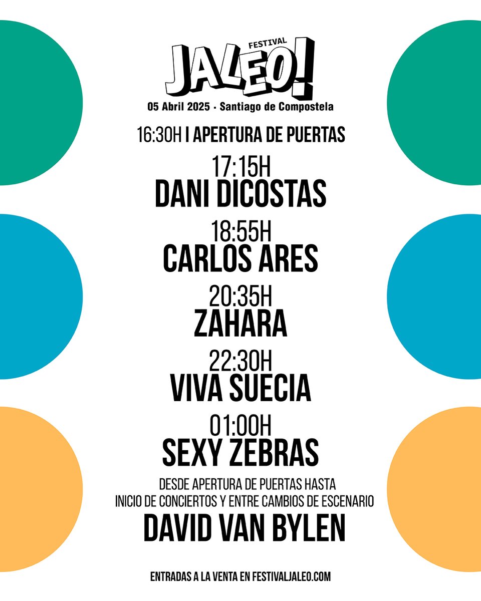 🕟 ¡El 5 de abril en Santiago se arma el Jaleo padre! Y ya tenemos los horarios para que no te pierdas ni un minuto de la fiesta!
¿Aún no tienes tu entrada?
🎟️<a href="/Ataquilla_com/">Ataquilla.com</a>: bit.ly/entradas_jaleo…
ℹ️festivaljaleo.com
#FestivalJaleo2025 #XuntaDeGalicia #Xacobeo #VibraMahou