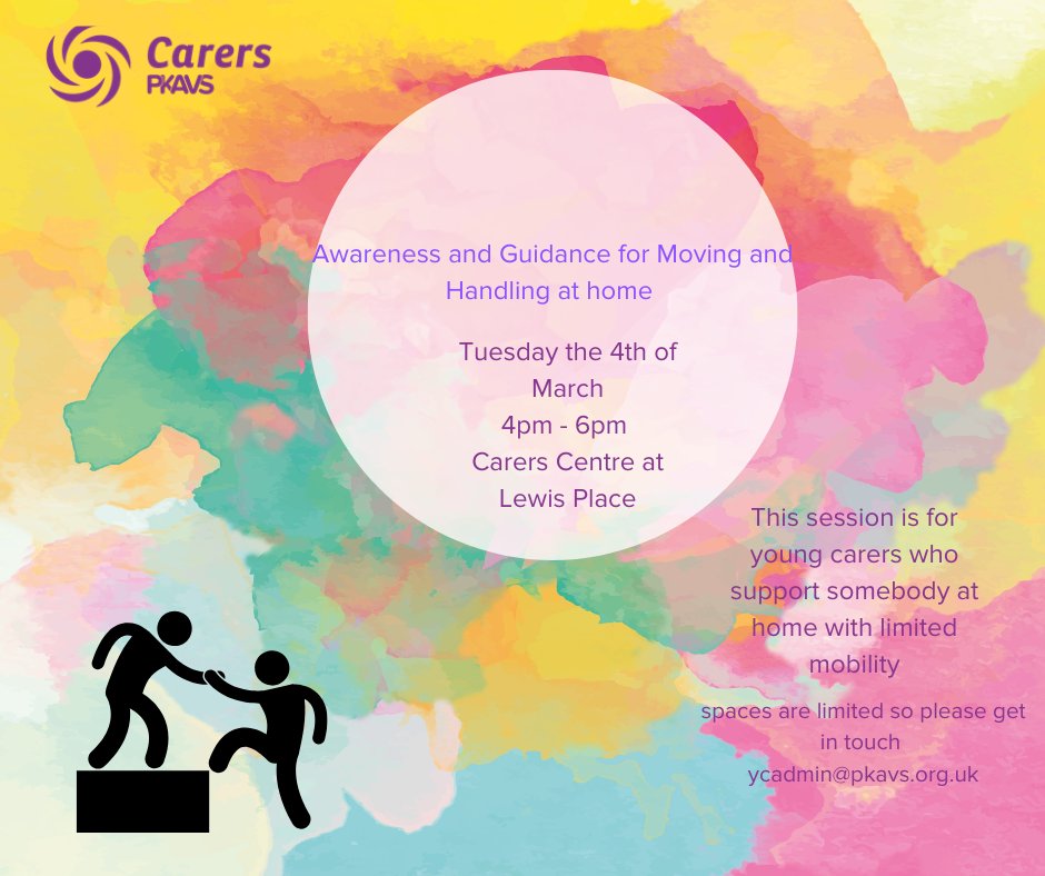 PKAVSyoungcarers (@pkyoungcarers) on Twitter photo We will be hosting an Awareness and Guidance session for Moving and Handling at home for Young Carers (age 12+) on Tuesday 4th March.
This will be held at the PKAVS Carers Centre from 4-6pm
If you wish to come along please register your interest by email to ycadmin@pkavs.org.uk We will be hosting an Awareness and Guidance session for Moving and Handling at home for Young Carers (age 12+) on Tuesday 4th March.
This will be held at the PKAVS Carers Centre from 4-6pm
If you wish to come along please register your interest by email to ycadmin@pkavs.org.uk