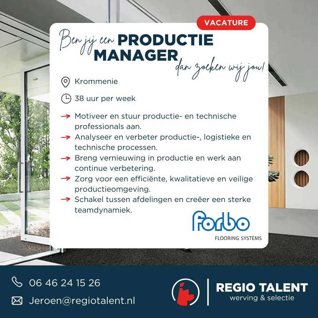 Leid, verbeter en innoveer! Bij <a href="/forboflooring/">Forbo Flooring</a> krijg je als Productiemanager de kans om een sleutelrol te spelen in een technisch geavanceerde productieomgeving!

Solliciteer vandaag!
regiotalent.nl/vacatures/prod…

 #Productiemanager #ForboFlooring #Vacature #Krommenie