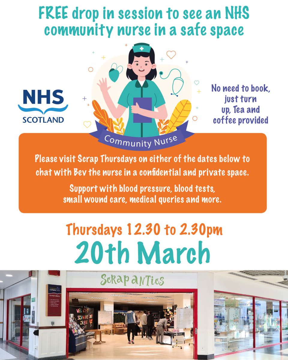 ScrapAntics CIC (@scrapantics) on Twitter photo Nurse Bev and Cat are back for more drop ins.
This is for anyone who is looking for support with blood pressure, blood tests, small wound care etc.
Thurs the 20th of March 12.30pm - 2.30pm
ScrapAntics Community space Lvl 2
<a href="/Wellgate/">Wellgate for Women</a>
Free
During our Scrap Thursday sessions. Nurse Bev and Cat are back for more drop ins.
This is for anyone who is looking for support with blood pressure, blood tests, small wound care etc.
Thurs the 20th of March 12.30pm - 2.30pm
ScrapAntics Community space Lvl 2
<a href="/Wellgate/">Wellgate for Women</a>
Free
During our Scrap Thursday sessions.