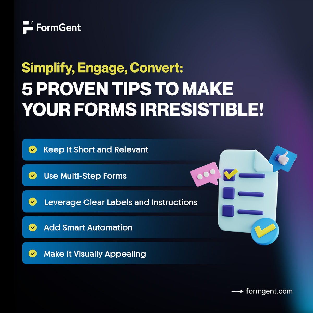 FormGent's tweet image. Forms should convert, not confuse! Follow these 5 expert tips to make your forms engaging &amp;amp; high-converting. Start optimizing today!
#onlineforms #formoptimization #conversiontips #formbuilder #wordpressforms