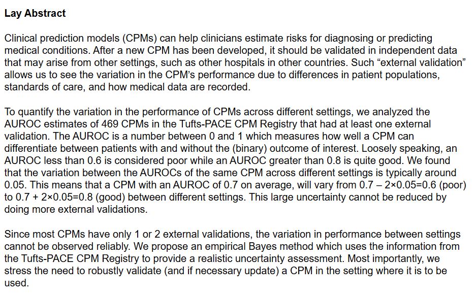 Erik van Zwet (@erikvanzwet) on Twitter photo It has been claimed that there is no such thing as a validated prediction model. We provide empirical evidence for that claim in our new paper here
onlinelibrary.wiley.com/doi/10.1002/si…
with ao <a href="/Esteyerberg/">Ewout Steyerberg</a> <a href="/DavidKlaveren/">David van Klaveren</a> see also <a href="/MaartenvSmeden/">Maarten van Smeden</a> <a href="/BenVanCalster/">Ben Van Calster</a> <a href="/laure_wynants/">Laure Wynants @laurewynants.bsky.social</a> It has been claimed that there is no such thing as a validated prediction model. We provide empirical evidence for that claim in our new paper here
onlinelibrary.wiley.com/doi/10.1002/si…
with ao <a href="/Esteyerberg/">Ewout Steyerberg</a> <a href="/DavidKlaveren/">David van Klaveren</a> see also <a href="/MaartenvSmeden/">Maarten van Smeden</a> <a href="/BenVanCalster/">Ben Van Calster</a> <a href="/laure_wynants/">Laure Wynants @laurewynants.bsky.social</a>