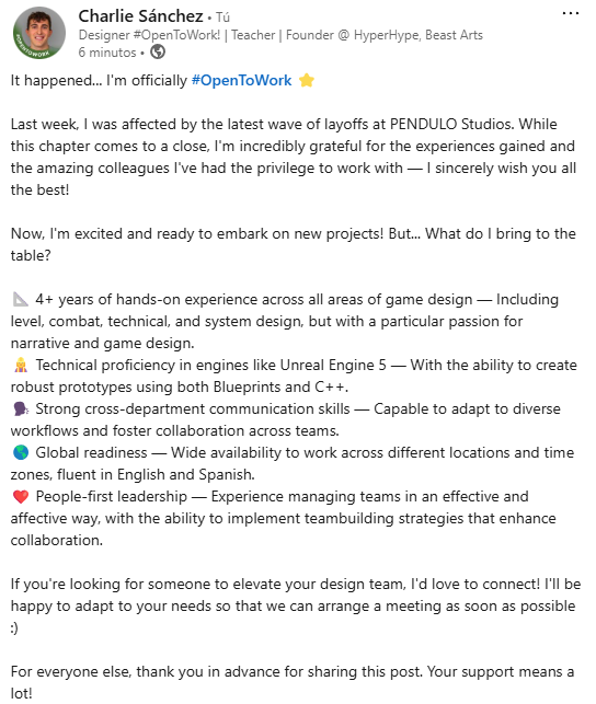 Pues nada gente, toca actualizar la bio... aunque no como me gustaría!

Vivimos una industria loca, aunque nada de esto me quita las ganas de diseñar :)

Si conocéis algún equipo en el que pueda encajar, dadme un toque! Mientras tanto, estaré en mi cueva prototipando cosillas 🏔️