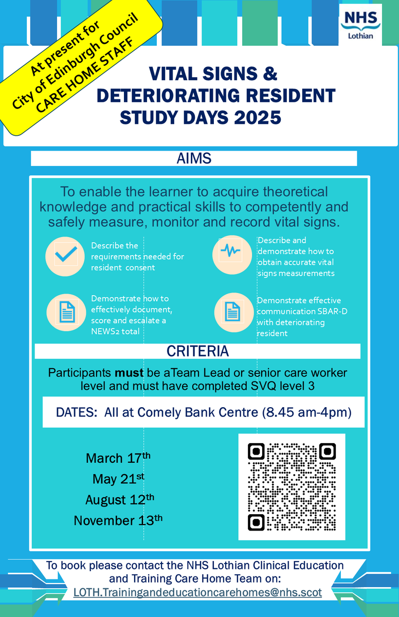 Do you work in a City Of Edinburgh Care Home?✅  Are you a Team Lead? ✅Do you have an SVQ 3 ?✅ if yes to all these then you can apply to undertake vital signs training with <a href="/Lothian_CET/">NHS Lothian Clinical Education and Training</a> see below 👇services.nhslothian.scot/carehomes/vita…