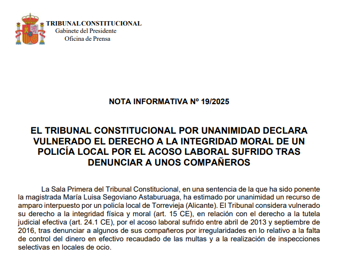 Nota de prensa | El Tribunal Constitucional por unanimidad declara vulnerado el derecho a la integridad moral de un policía local por el acoso laboral sufrido tras denunciar a unos compañeros tribunalconstitucional.es/NotasDePrensaD…