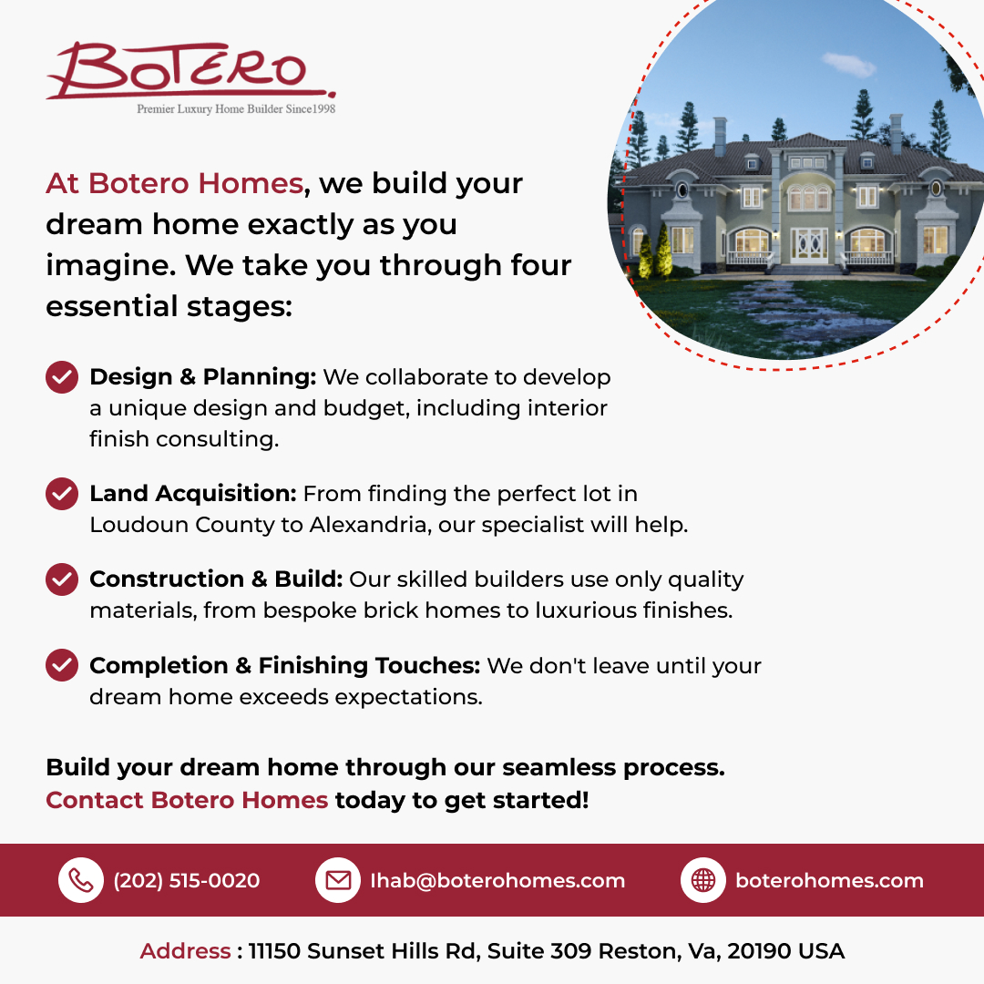 BoteroHomes's tweet image. The Custom Home Building Process with Botero Homes

Get started with Botero Homes.
Contact us now!

#CustomHomeBuilderAlexandria #CustomHomeBuilderFairfax #DesignBuildConstruction #LuxuryCustomHomes #CustomHomeBuildersAlexandriaVA #ContemporaryHomeBuildersVirginia