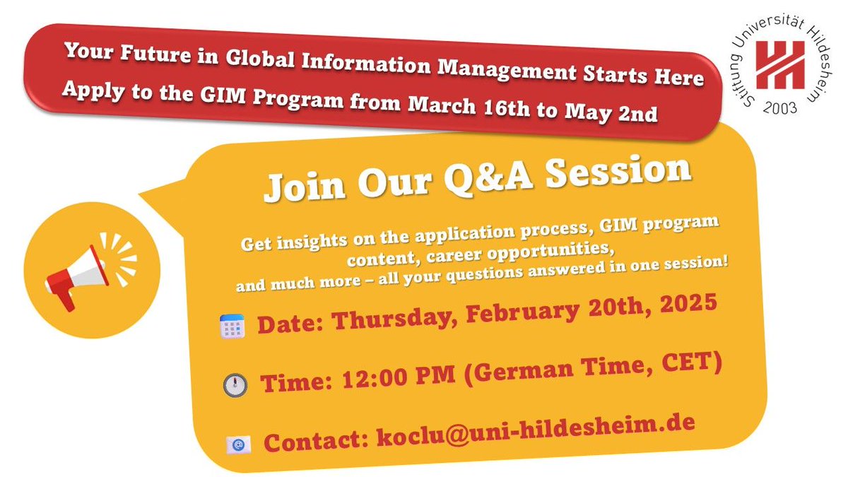 🌍Study a BA in English in Germany? Interested in Global Information Management (GIM) program at Universität Hildesheim?
The application process for the 2025/26 academic year starts, join us for an online Q&amp;A session on Feb. 20th, 2025, at 12:00 PM (CET). uni-hildesheim.de/gim