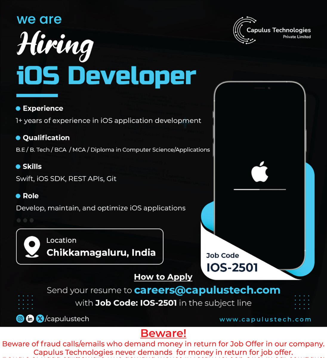 capulustech's tweet image. 👉We're Hiring – iOS Developer!
Join Capulus Technologies and be part of an innovative team!🎯
📍Location: Chikkamagaluru, India
📩 Apply Now: Send your resume to careers@capulustech.com with Job Code: IOS-2501 in the subject line.
⚠️Beware of job scams
#iOSDeveloper #HiringNow