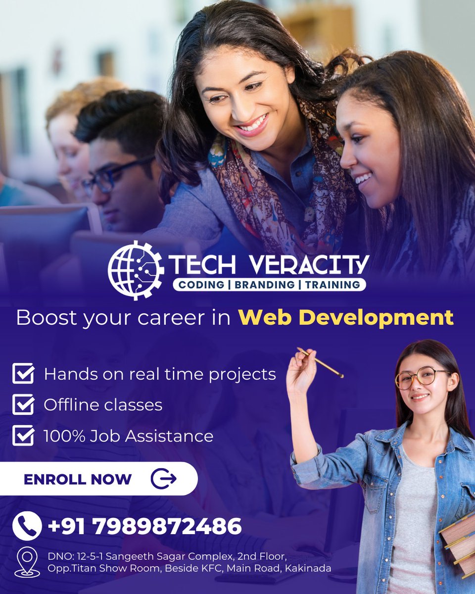 tech_veracity's tweet image. Kickstart your web development career with hands-on projects, expert trainers, and job placement support!
.

.
📞Call us: +91 7989872486
📍Reach Us: DNO:12-5-1 Sangeeth Sagar Complex, 2nd Floor, Main Road, Kakinada
.
#webdevelopment #codinglife #learncoding #webdeveloper