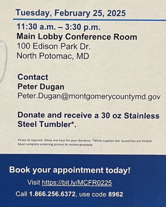 Give Blood 🩸 so <a href="/MCFRS_EMIHS/">MCFRS_EMIHS</a> <a href="/mcfrs/">MontgomeryCo(MD)Fire</a> can Give Blood 🩸 to those that NEED BLOOD 🩸 (ie. people w/ trauma &amp; traumatic injury, women w/ pregnancy complications, complex medical procedures &amp; cancer patients) 
VISIT: inovablood.org/event/mcfr0225/