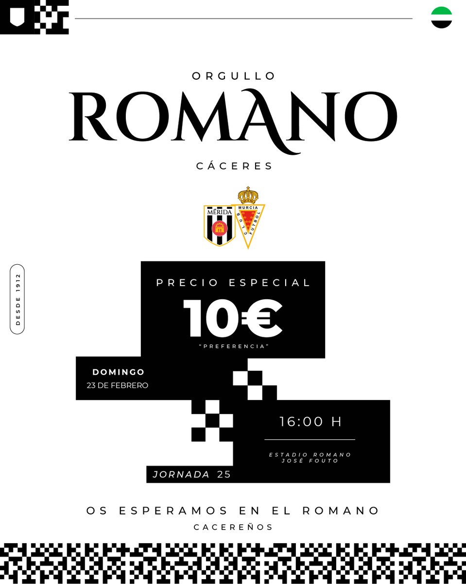 ⚪️⚫️ 𝐎𝐑𝐆𝐔𝐋𝐋𝐎 𝐑𝐎𝐌𝐀𝐍𝐎 𝐞𝐧 𝐂𝐀́𝐂𝐄𝐑𝐄𝐒

➡️ Precio especial: 10€

👋🏽 Ey, <a href="/CPCacerenoSAD/">CP Cacereño 🟢🐉</a>. ¿Os apetece de primero un #CacereñoTenerifeB y de segundo un #MéridaRealMurcia?

🙌🏽 ¡Os esperamos en el Romano!

ℹ️ admerida.es/orgullo-romano…