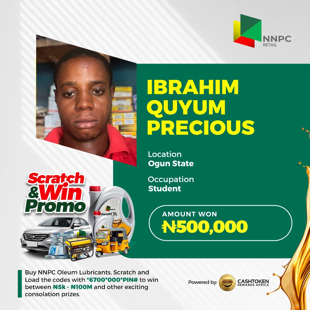 CashTokenHQ's tweet photo. SMILING FACES EVERYWHERE!
Customers who bought the NNPC Oleum Bottle and Scratched the Code have been rewarded!
#WhoWillWinNext #LoyaltyThatPays https://t.co/LzCZQPN6aD