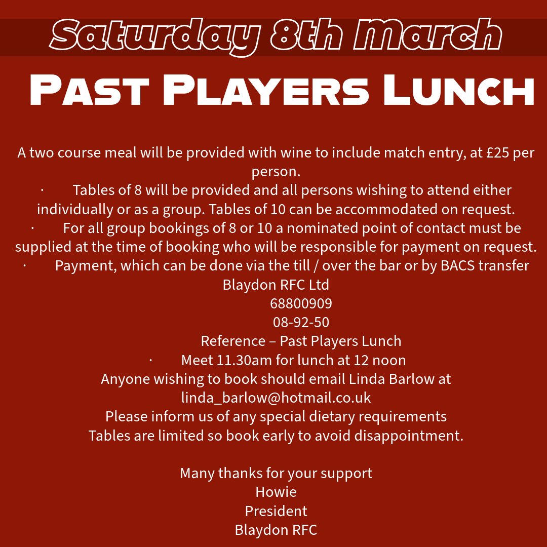 Good Afternoon All,

The Past Players Lunch will take place on Saturday 8th March before the Men’s 1st XV league game against Sandal