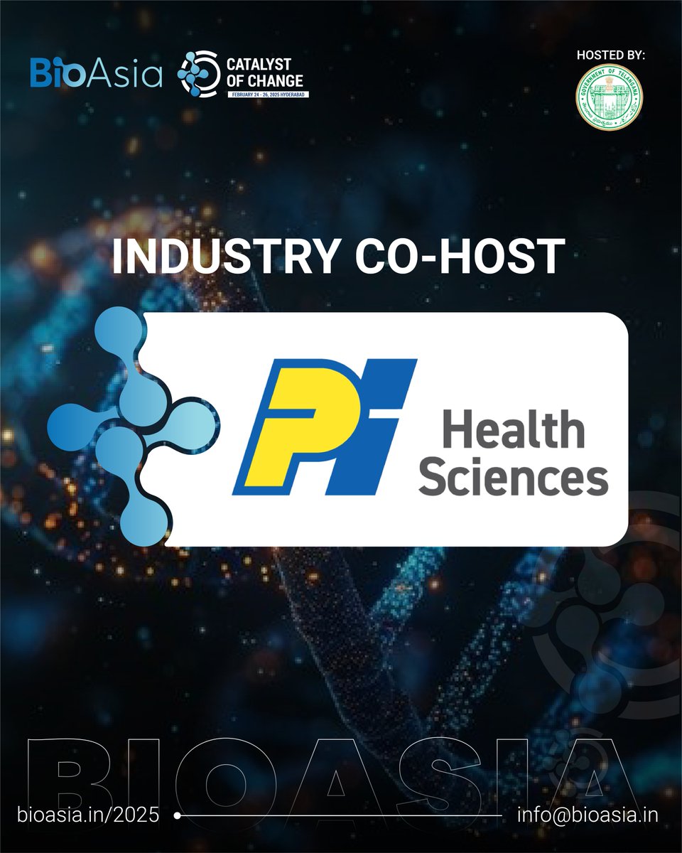 We are pleased to announce PI Health Sciences as our Industry Co-host for the 22nd edition of #BioAsia.

Date: 25th-26th February 
Location: HICC, Hyderabad

+91 98105 12348 | bioasia.in/2025/

<a href="/ShakthiNagappan/">Shakthi Nagappan</a> <a href="/TGLifesciences/">Telangana Life Sciences</a>