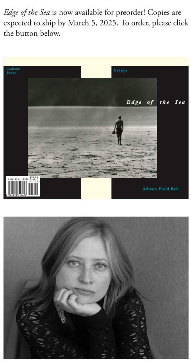 Allison Field Bell (@afb16) on Twitter photo My CNF chapbook, EDGE OF THE SEA, can be ordered now from <a href="/cutbankonline/">CutBank</a> đź’™
This little book features essays that have been published in <a href="/AQReview/">AlaskaQuarterlyReview</a> <a href="/qaejournal/">@QuarterAfterEight</a> <a href="/witnessmag/">Witness Magazine</a> <a href="/HungerMtn/">Hunger Mountain</a> <a href="/VariantLit/">Variant Literature</a> <a href="/EL_DIAGRAM/">DIAGRAM</a>
cutbankonline.org/2025-chapbooks My CNF chapbook, EDGE OF THE SEA, can be ordered now from <a href="/cutbankonline/">CutBank</a> đź’™
This little book features essays that have been published in <a href="/AQReview/">AlaskaQuarterlyReview</a> <a href="/qaejournal/">@QuarterAfterEight</a> <a href="/witnessmag/">Witness Magazine</a> <a href="/HungerMtn/">Hunger Mountain</a> <a href="/VariantLit/">Variant Literature</a> <a href="/EL_DIAGRAM/">DIAGRAM</a>
cutbankonline.org/2025-chapbooks