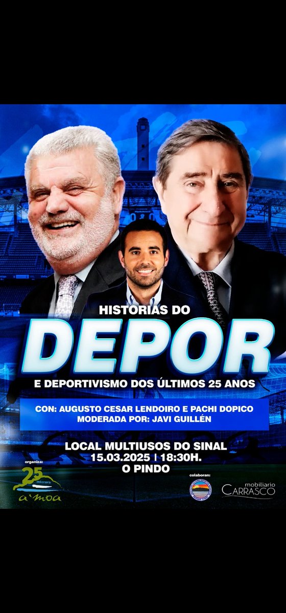 Boas...o vindeiro 15 de marzo tereremos unha agradable conversa co ex presidente e ex vicepresidente do noso depor...dentro dos actos do noso 25°aniversario.....esperamovos...
