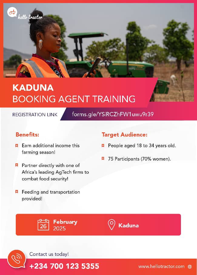 Hello Tractor (@hellotractor) on Twitter photo UPDATE:
On the 26th of February, <a href="/HelloTractor/">Hello Tractor</a> will be in Kaduna State, to train young people as booking agents for tractor services.
If you know anyone between the ages of 18 to 34 who might be interested in this great opportunity, visit forms.gle/YSiRCZhFW1uwu9⦠to apply now! UPDATE:
On the 26th of February, <a href="/HelloTractor/">Hello Tractor</a> will be in Kaduna State, to train young people as booking agents for tractor services.
If you know anyone between the ages of 18 to 34 who might be interested in this great opportunity, visit forms.gle/YSiRCZhFW1uwu9⦠to apply now!