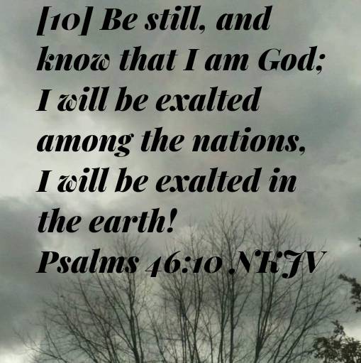 Psalms 46:10 NKJV
[10] Be still, and know that I am God; I will be exalted among the nations, I will be exalted in the earth!

bible.com/bible/114/psa.…