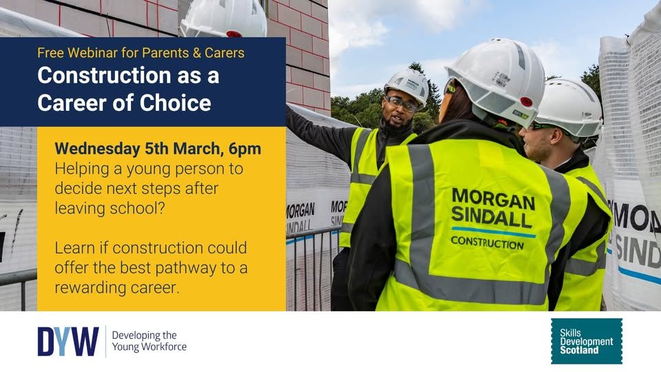 🏗️ Thinking about a career in construction or supporting a young person’s next step?

Join this #DYW session during #ScotAppWeek25 to explore pathways &amp; hear from industry experts! 👷‍♂️

📅 Wed 5th March 
⏰ 6PM

Register ➡️ buff.ly/3ETTnfG 

#SAW25 | #ConstructionCareers