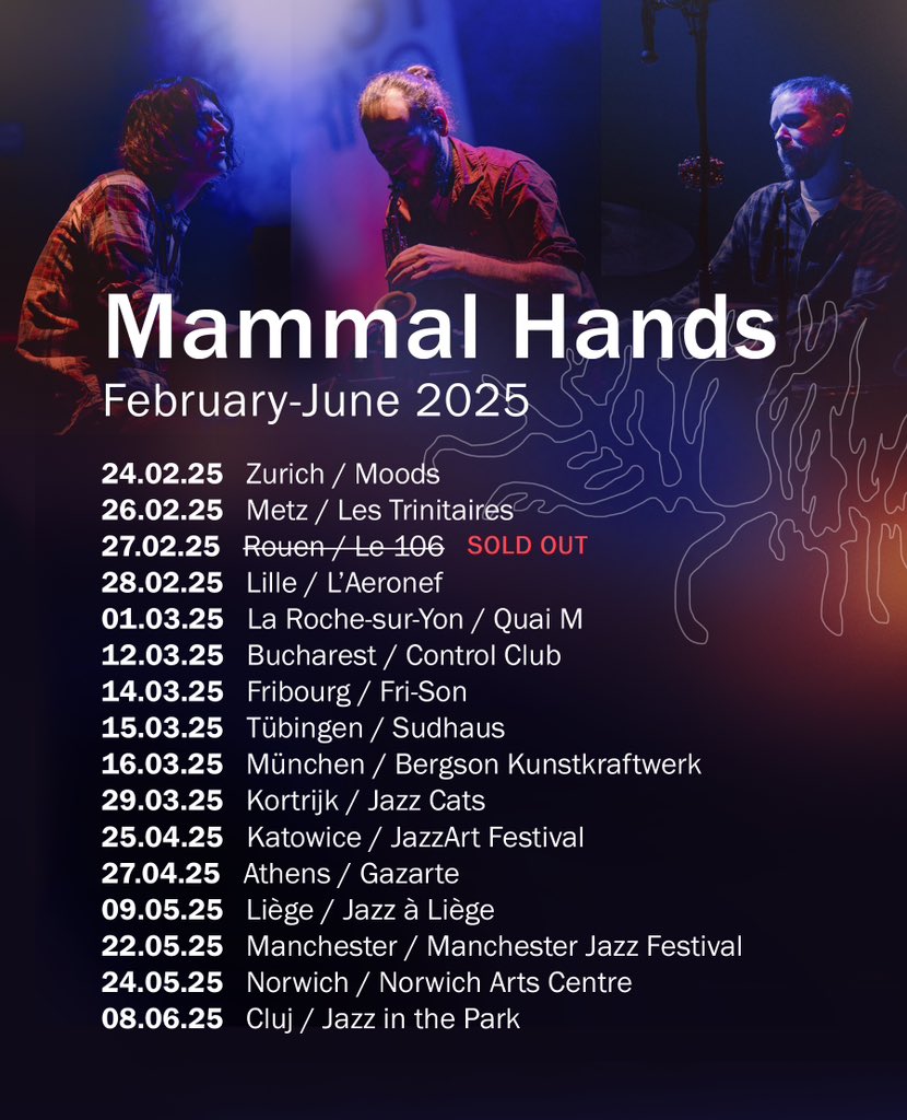 Happy to announce all the shows booked so far for the 1st half of 2025! 
Tickets available at mammalhands.com
Looking forward to seeing you all soon🙌
📸 by Michal Sykora