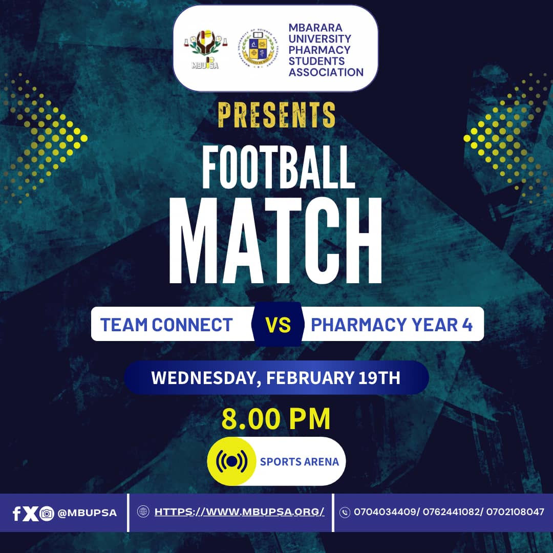 MBUPSA (@mbupsa) on Twitter photo Get ready for an exciting showdown as Team Connect takes on Pharmacy Year 4 in a thrilling football match! 🏆🥇🥳🥳
<a href="/AtwiineKato/">Atwiine kato christopher</a> <a href="/devdbalix/">DEVD BALIX🇺🇬</a> <a href="/Prossie4christ/">Prossie Nakimera</a> <a href="/PKabahinda/">Patience Kabahinda</a> <a href="/Brunophilimon/">Alpha 🦁</a> Get ready for an exciting showdown as Team Connect takes on Pharmacy Year 4 in a thrilling football match! 🏆🥇🥳🥳
<a href="/AtwiineKato/">Atwiine kato christopher</a> <a href="/devdbalix/">DEVD BALIX🇺🇬</a> <a href="/Prossie4christ/">Prossie Nakimera</a> <a href="/PKabahinda/">Patience Kabahinda</a> <a href="/Brunophilimon/">Alpha 🦁</a>