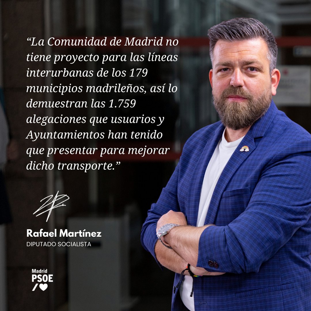 Socialistas Asamblea Madrid (@gpsasamblea) on Twitter photo 🚍 Un transporte interurbano sin planificación
No hay un proyecto para mejorar las líneas interurbanas en los 179 municipios madrileños. Las 1.759 alegaciones de usuarios y ayuntamientos lo demuestran. Madrid necesita un plan de movilidad eficaz.
<a href="/martnez_rafa/">Rafa Martínez Pérez</a> 🚍 Un transporte interurbano sin planificación
No hay un proyecto para mejorar las líneas interurbanas en los 179 municipios madrileños. Las 1.759 alegaciones de usuarios y ayuntamientos lo demuestran. Madrid necesita un plan de movilidad eficaz.
<a href="/martnez_rafa/">Rafa Martínez Pérez</a>
