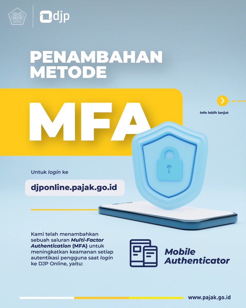 #KawanPajak, kini ada tambahan metode Multi-Factor Authentication (MFA) untuk login di djponline.pajak.go.id, yaitu menggunakan aplikasi mobile authenticator.  

Simak selengkapnya pada infografis berikut!  

- Utas