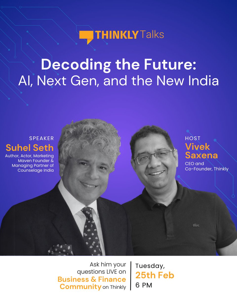 mythinkly's tweet image. AI isn’t the future—it’s the present. #GenZ isn’t waiting—they’re leading. India isn’t catching up—it’s setting the pace. 

Join @Suhelseth &amp;amp; @viveksa in a must-watch #ThinklyTalks on 25th Feb, 6 PM. This is where the next decade takes shape - app.thinkly.me/5ZFYZMa4JiG6t7…