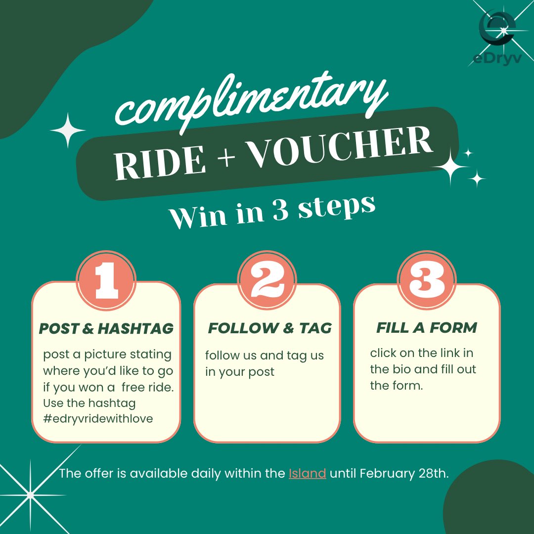eDryvmobility's tweet photo. Spread the love this February! &amp;
eDryv is
offering FREE rides and vouchers all month long! Simply follow the instructions to enjoy complimentary rides within the island. Don't miss out! Love is in the air, and so are free rides! &amp; #edryvridewithlove #edryv #sustainableenergy https://t.co/puPahZJ8qD