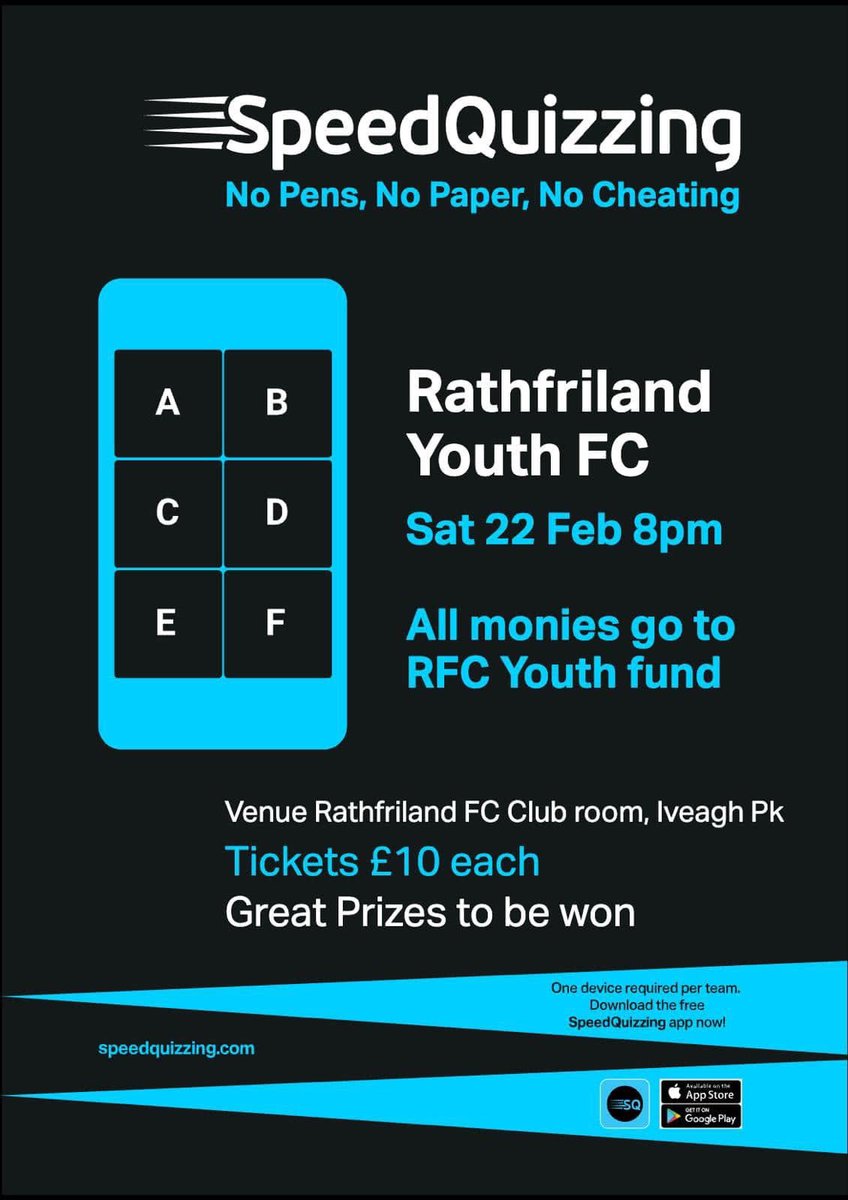 RathfrilandFC's tweet image. Get ready for a night of fast-paced fun! ⚡️

Join us for SpeedQuizzing at Rathfriland FC this Saturday! 

📍 Venue: Rathfriland FC Club Room, Iveagh Park  

Always sure to be a great nights craic🤩

Bring your team or come along and join one!

#SpeedQuizzing #RFCYouth #QuizNight