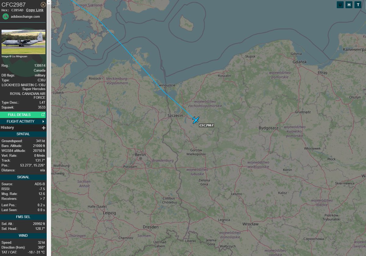 PolishMilRadar's tweet photo. ⌚️ 19.02 13:40LT
🇨🇦 Królewskie Kanadyjskie Siły Powietrzne #RCAF
✈️ Lockheed Martin CC-130J Super Hercules "130614"
#CFC2987 leci na FL210
🛫 Baza Lotnicza Karup #EKKA
🛬 Rzeszów Jasionka #EPRZ
🔗https://t.co/iPcaM693zy
#POLMILRADAR https://t.co/rubGmkxYfQ