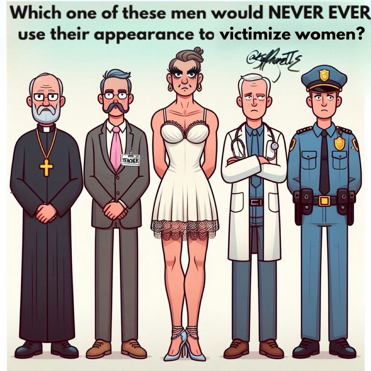 5uffragette's tweet image. Are we just supposed to pretend that “transwomen” aren’t just white middle class men wearing dresses? like bad police are just white middle class men in police uniforms? And bad priests are just white middle class men wearing vestments? Are we meant to pretend that we don’t know…