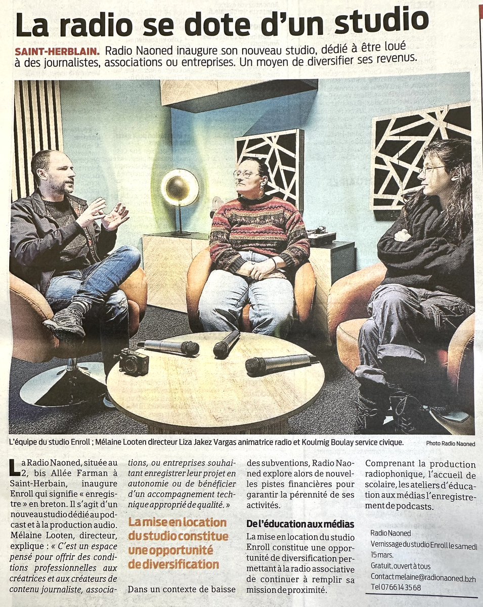 #SantErvlan / #SaintHerblain 
"La radio se dote d'un studio"

<a href="/RadioNaoned/">Radio Naoned</a> 

Presse Océan — 19/02/25
•
#LangueBretonne #BZHG #Brezhoneg #Breton #Studio
