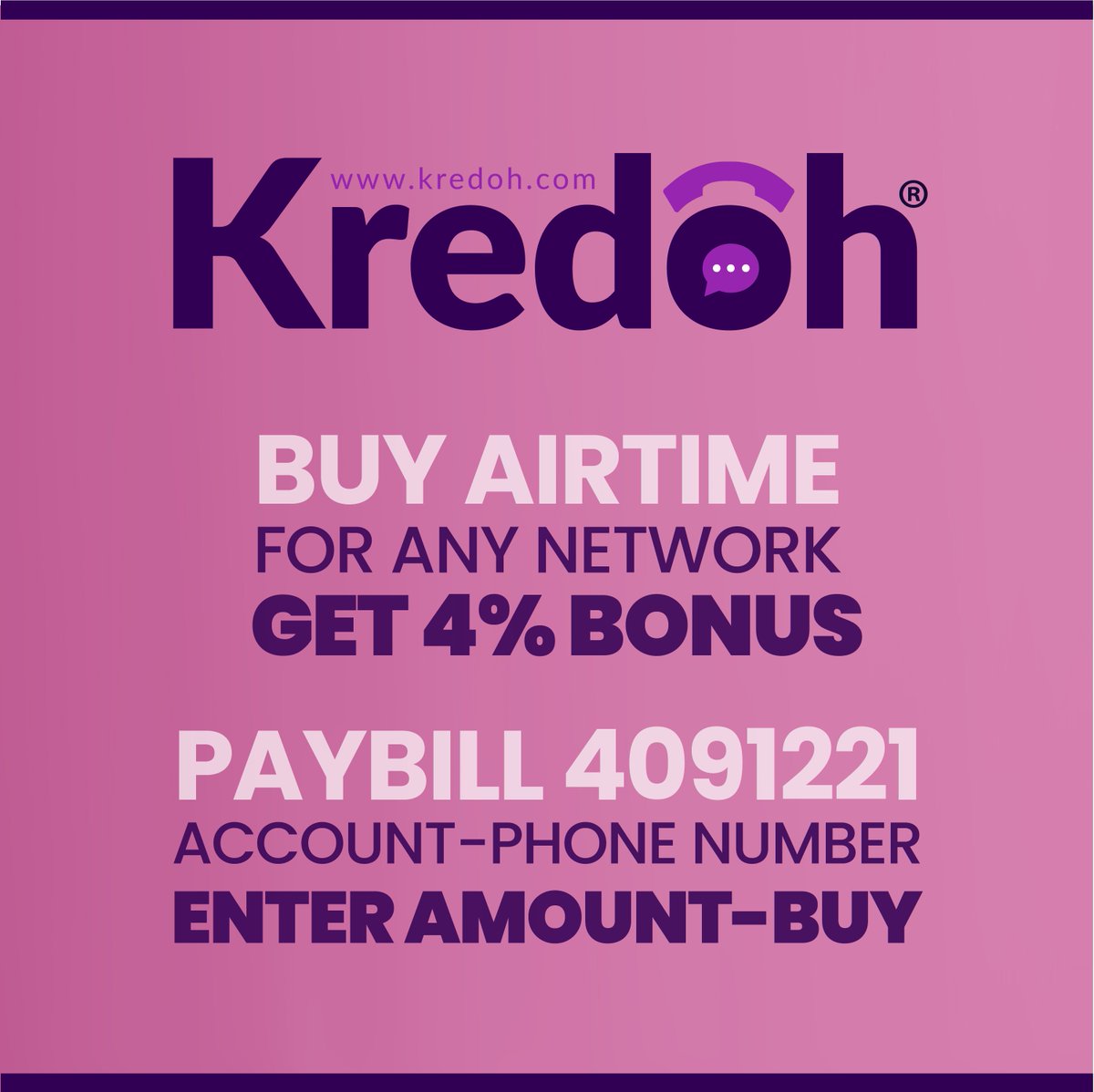 kredoh_ke's tweet photo. Paybill Ni 409 1221

Nunua ama Fuliza Airtime kutumia MPESA 
Paybill 409 1221

Weka nambari yako ya simu kama account namba

Get 4% Extra airtime https://t.co/CdwW2EuhUs