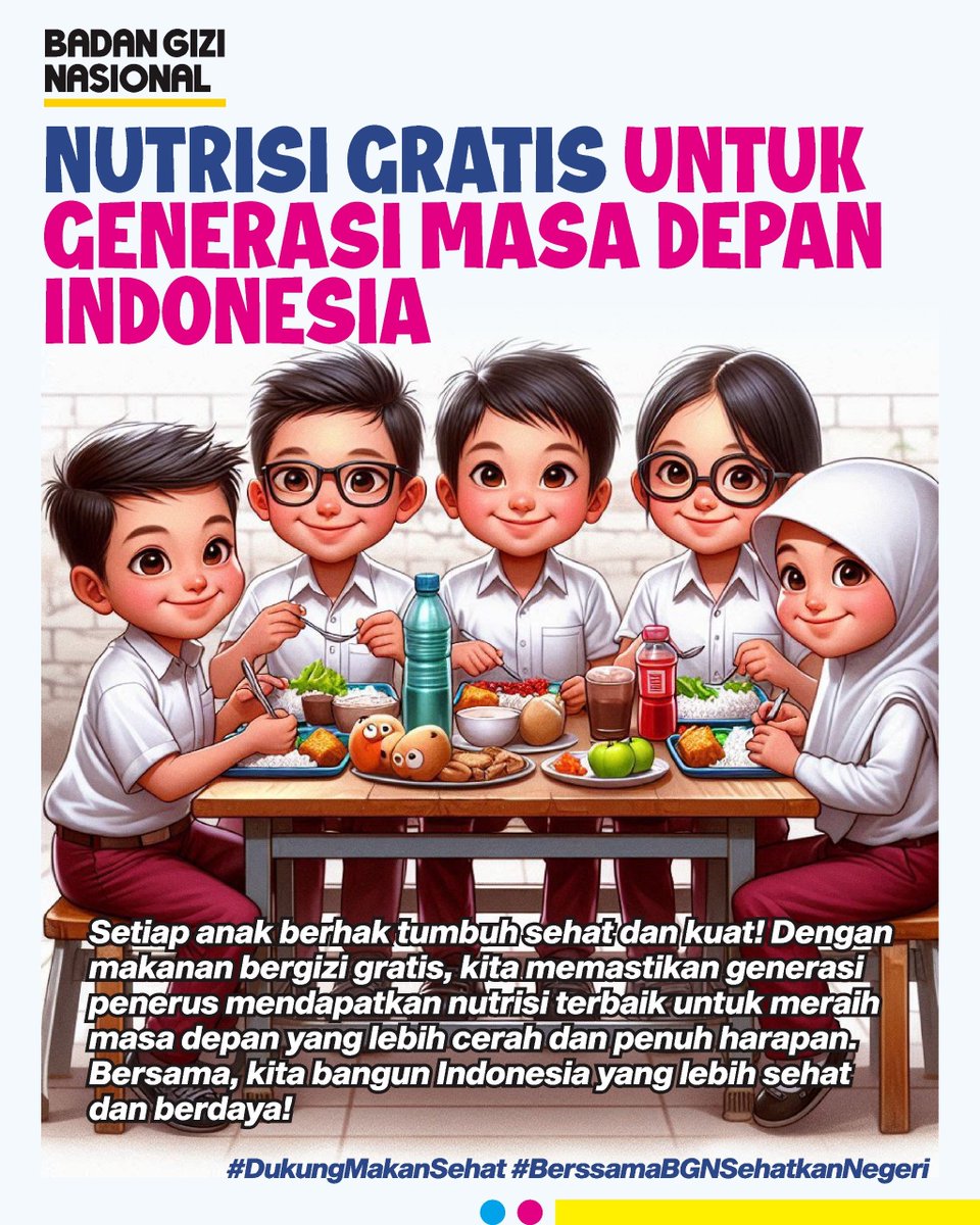 Anak Indonesia harus sehat dan cerdas
program MBG adalah salah satu  upaya pemerintahan Prabowo Gibran wujudkan generasi emas untuk Indonesia
 
#MBGIndonesiaCerah