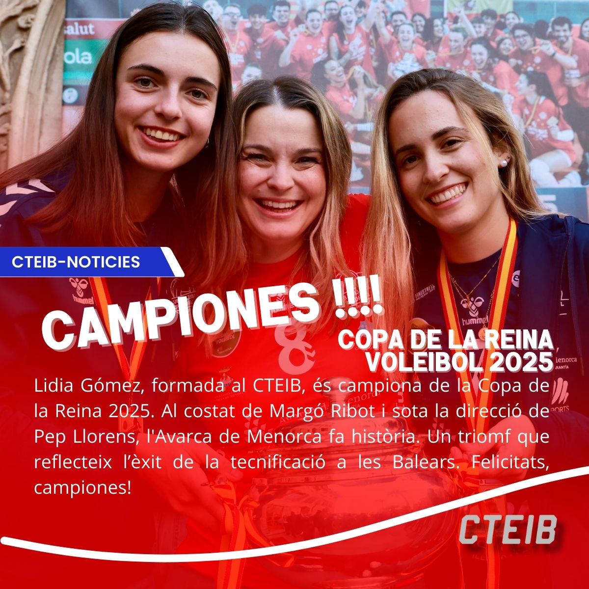 🏆¡Lidia Gómez, formada al CTEIB, es campiona de la Copa de la Reina 2025! fa història. 
Junt a Margó Ribot i sota la direcció de Pep Llorens, el <a href="/CVCIUTADELLA/">CLUB VOLEIBOL CIUTADELLA</a> fan història. Un èxit que demostra la força del talent balear. Enhorabona Campiones!!! #CTEIB #EsportBalear
