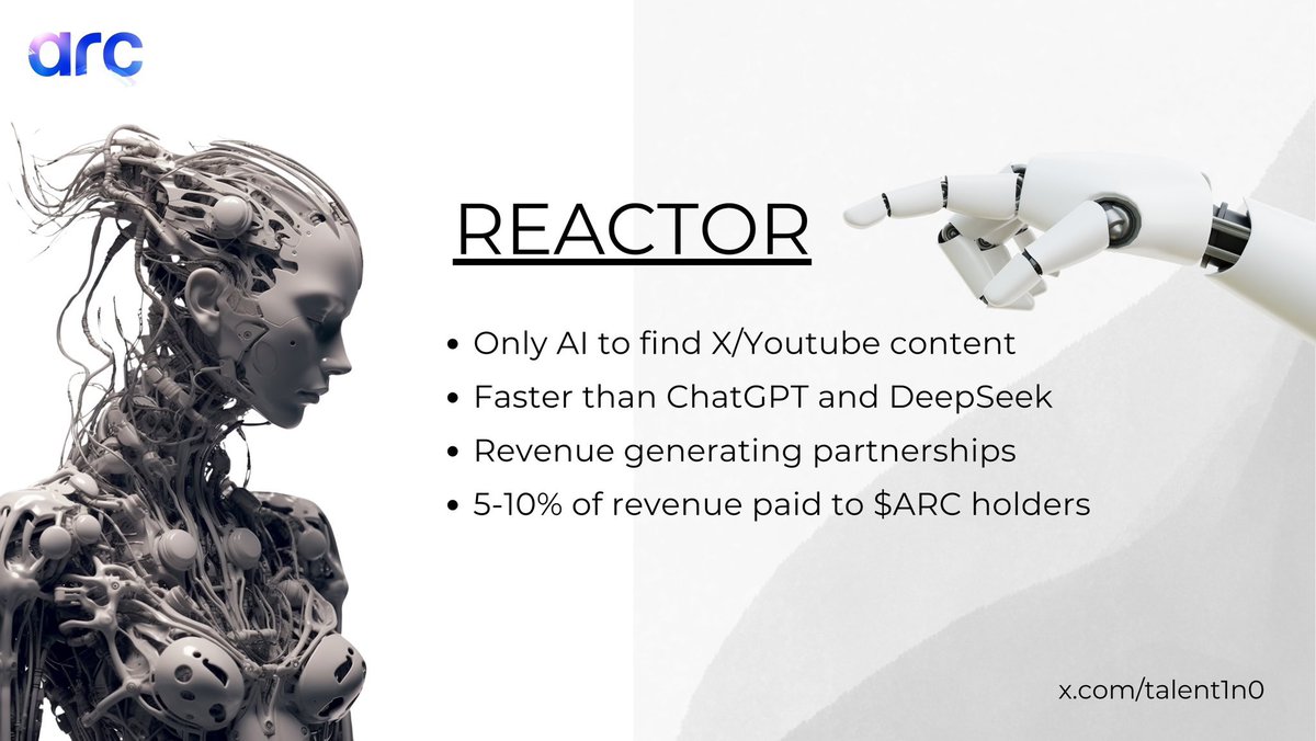 talent1n0's tweet photo. $ARC keeps building while others chase hype.

With Reactor Mk II, @ARCreactorAI is leveling up AI-powered search and analysis:
- X content search—find the best calls, insights & gems instantly
- YouTube search & summarization—cut through the noise, get straight to the value
- Fastest web search in AI—no delays, just results

Real AI utility, no gimmicks. The next wave of Web3 intelligence is here. 

Stay locked in, avoid fake contracts. 

CA: 0xc82e3db60a52cf7529253b4ec688f631aad9e7c2