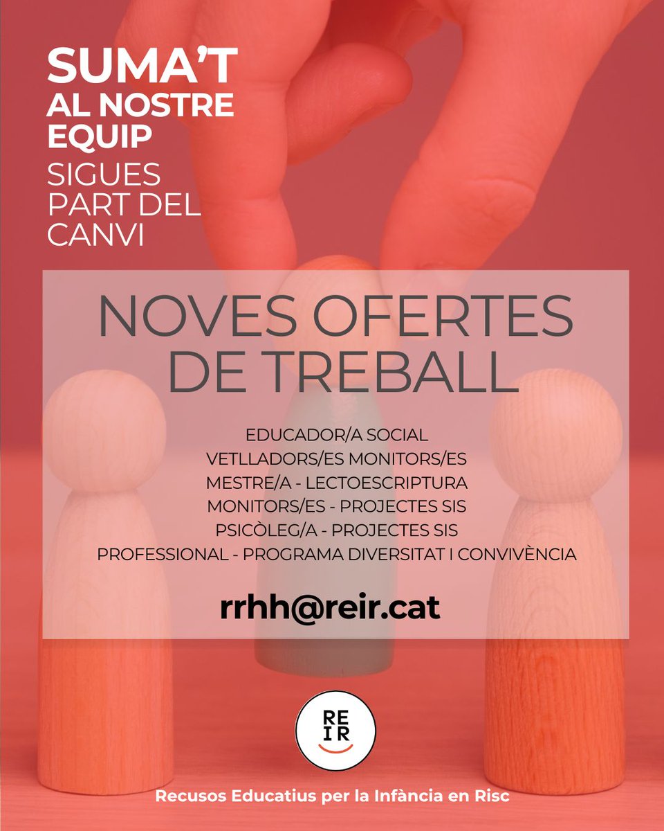 Mira les noves ofertes de treball, suma't a l'equip i forma part del canvi.
T'esperem.

Pots consultar-les totes i deixar el teu CV aquí: reir.cat/treballa-amb-n…

#REIR #Hiring #OfertaTreball #OfertaLaboral #Treball #EduSo #EducacióSocial #Granollers #VallèsOriental