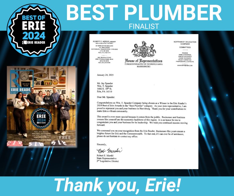 We are honored to have been named as a winner in <a href="/ErieReader/">eriereader</a>'s "Best of Erie 2024" for the Best Plumber category 🏆 and would like to thank all the readers who took the time to cast their vote for us. We'd also like to thank <a href="/BobMerski/">Bob Merski</a> for the lovely congratulatory letter.