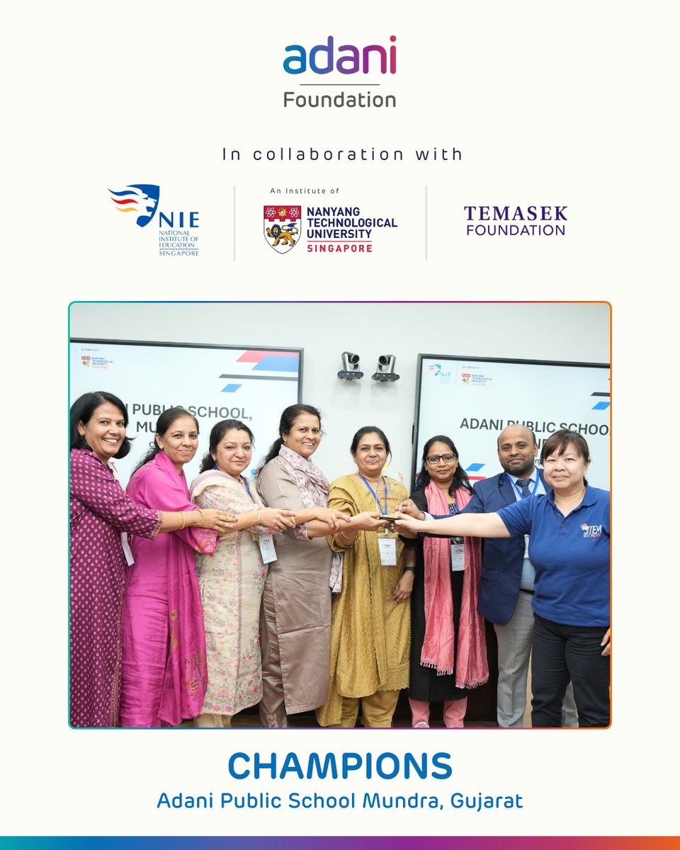 Adani_Schools's tweet photo. We concluded Phase 4 of the #STEM Leadership Training with the grand #STEMSymposium, in collaboration with NIE Singapore & supported by Temasek Foundation.
🏆 Winners:
🥇 Adani Public School Mundra,Gujarat
🥈 NRC School,Kalyan,Maharashtra
🥉 Adani Vidya Mandir Ahmedabad ,Gujarat https://t.co/y2nYS3e3fg