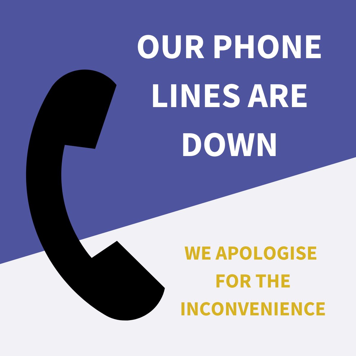 We are currently experiencing a temporary outage with our phone lines, making it impossible to make or receive calls. We apologise for any inconvenience this may cause. Please email or contact us by mobile for any urgent inquiries or assistance.