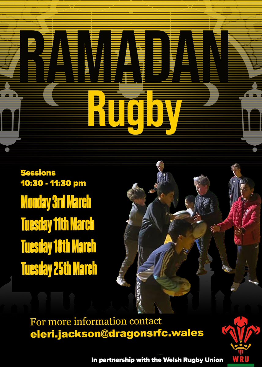 elerijackson (@elerijackson) on Twitter photo Ramadan Rugby is Returning!
ALL Ages & Abilities Welcome☺️
Monday 3rd March, and every Tuesday after this.
📍Rodney Parade, NP19 0UU
⏰10:30-11:30pm
📧eleri.jackson<a href="/dragonsrfc/">Dragons RFC 🐉</a>.wales
<a href="/Christo11590925/">Christopher Cornford 🏴</a> <a href="/AshSweet6/">Ashley Sweet</a>
@dragonsrfc <a href="/Adrian_Evs01/">Adrian Evans</a> <a href="/DRA_Community/">DRAGONS RFC COMMUNITY 🐉</a> <a href="/WRU_Community/">WRU Community - Wrth galon y genedl</a> Ramadan Rugby is Returning!
ALL Ages & Abilities Welcome☺️
Monday 3rd March, and every Tuesday after this.
📍Rodney Parade, NP19 0UU
⏰10:30-11:30pm
📧eleri.jackson<a href="/dragonsrfc/">Dragons RFC 🐉</a>.wales
<a href="/Christo11590925/">Christopher Cornford 🏴</a> <a href="/AshSweet6/">Ashley Sweet</a>
@dragonsrfc <a href="/Adrian_Evs01/">Adrian Evans</a> <a href="/DRA_Community/">DRAGONS RFC COMMUNITY 🐉</a> <a href="/WRU_Community/">WRU Community - Wrth galon y genedl</a>