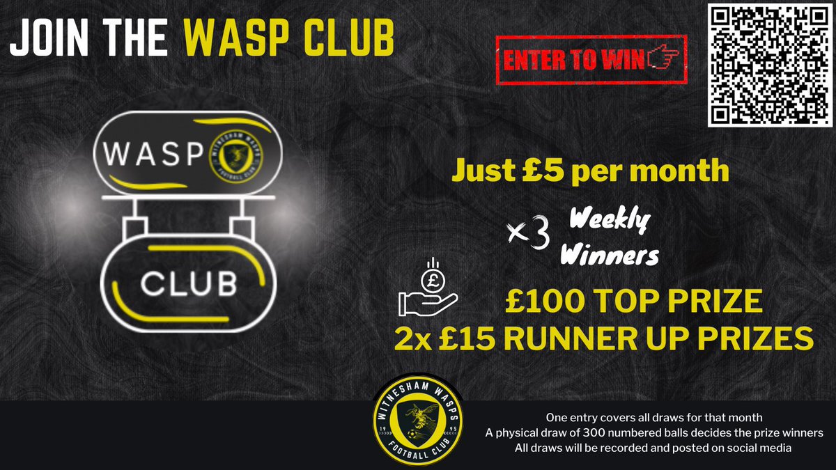 Sign up now for the Wasp Club and for just £5 per month support grassroots football and be in the hat to win one of 3 cash prizes every week! 🐝 

Sign up here: forms.office.com/r/isz7R1RXyx

#UpTheWasps🐝