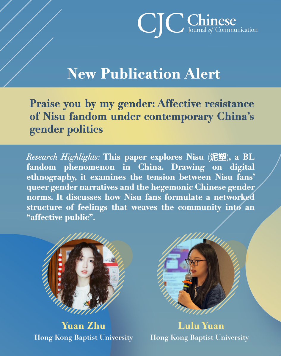 New pub alert! Yuan Zhu <a href="/yuzu_glitch/">Yuan Zhu (Jasmine)</a> and Lulu Yuan <a href="/luluyua_n/">Lulu Yuan</a> explored Nisu, a BL fandom phenomenon in China. The paper discusses how Nisu fans formulate a networked structure of feelings that weaves the community into an “affective public”.

Read here: doi.org/10.1080/175447…