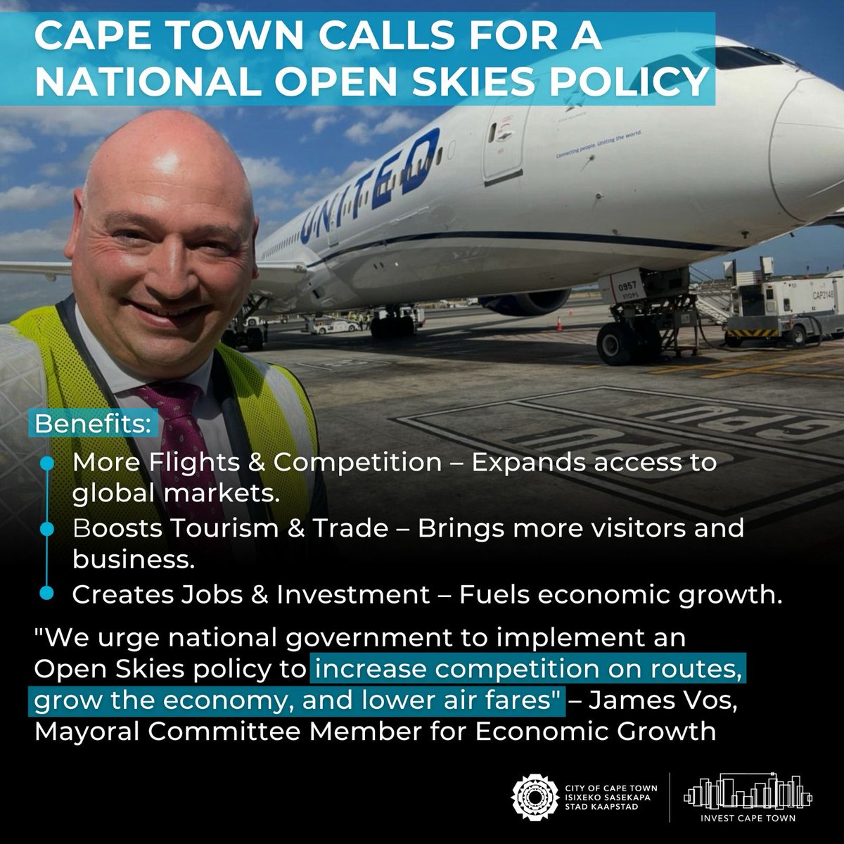 Statement by the City's Mayoral Committee Member for #EconomicGrowth, <a href="/VosJames/">James Vos</a> 

Cape Town calls for Open Skies to boost economy, lower air travel costs.

See: bit.ly/3X79g8Y

#CTNews