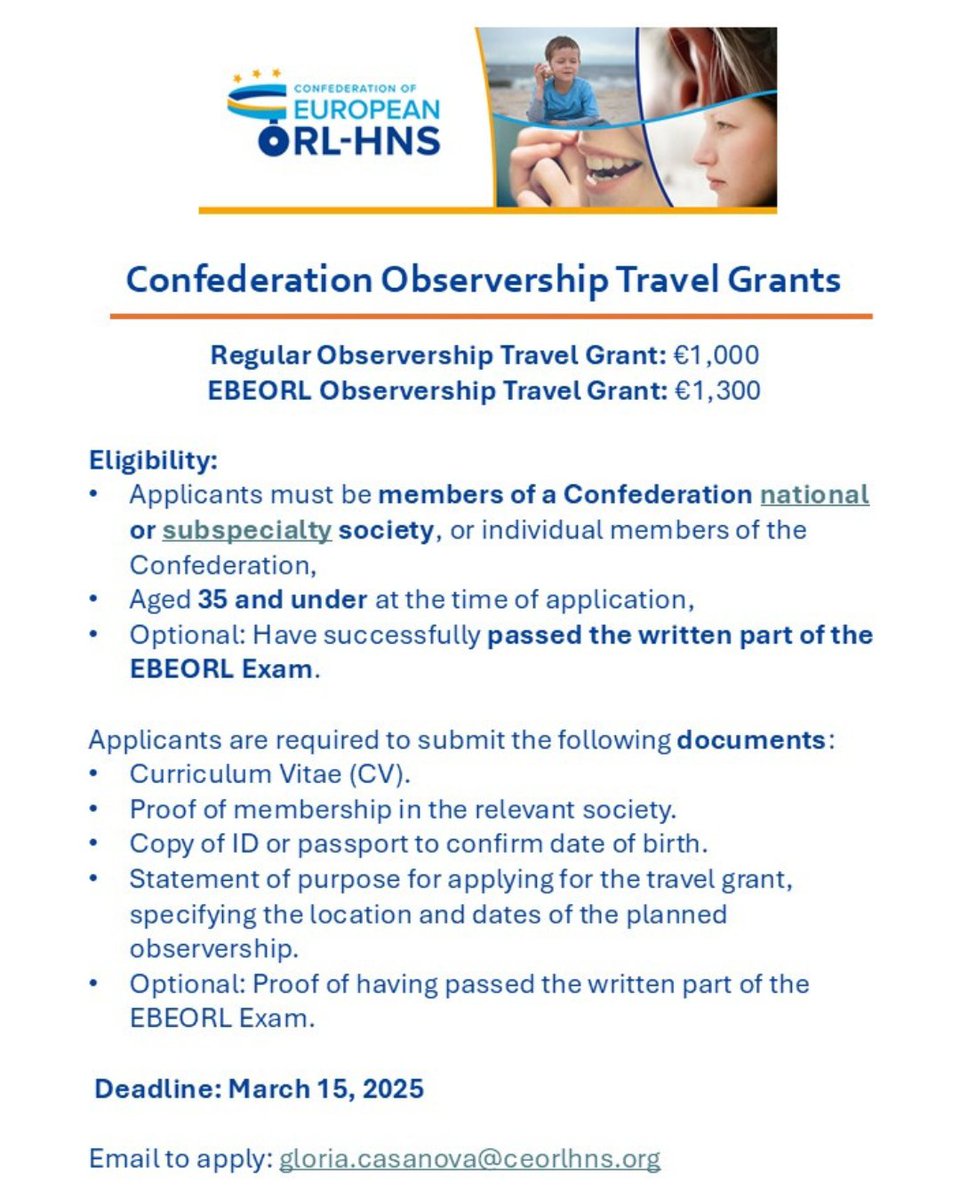 As part of the 2025 Educational Program, the Confederation is offering 20 Observership Travel Grants for young ENT professionals aged 35 and under in Europe and beyond. 🌎 

ceorlhns.org/education/gran… 

#ENT #MedicalEducation #CareerGrowth #Observership #TravelGrant
